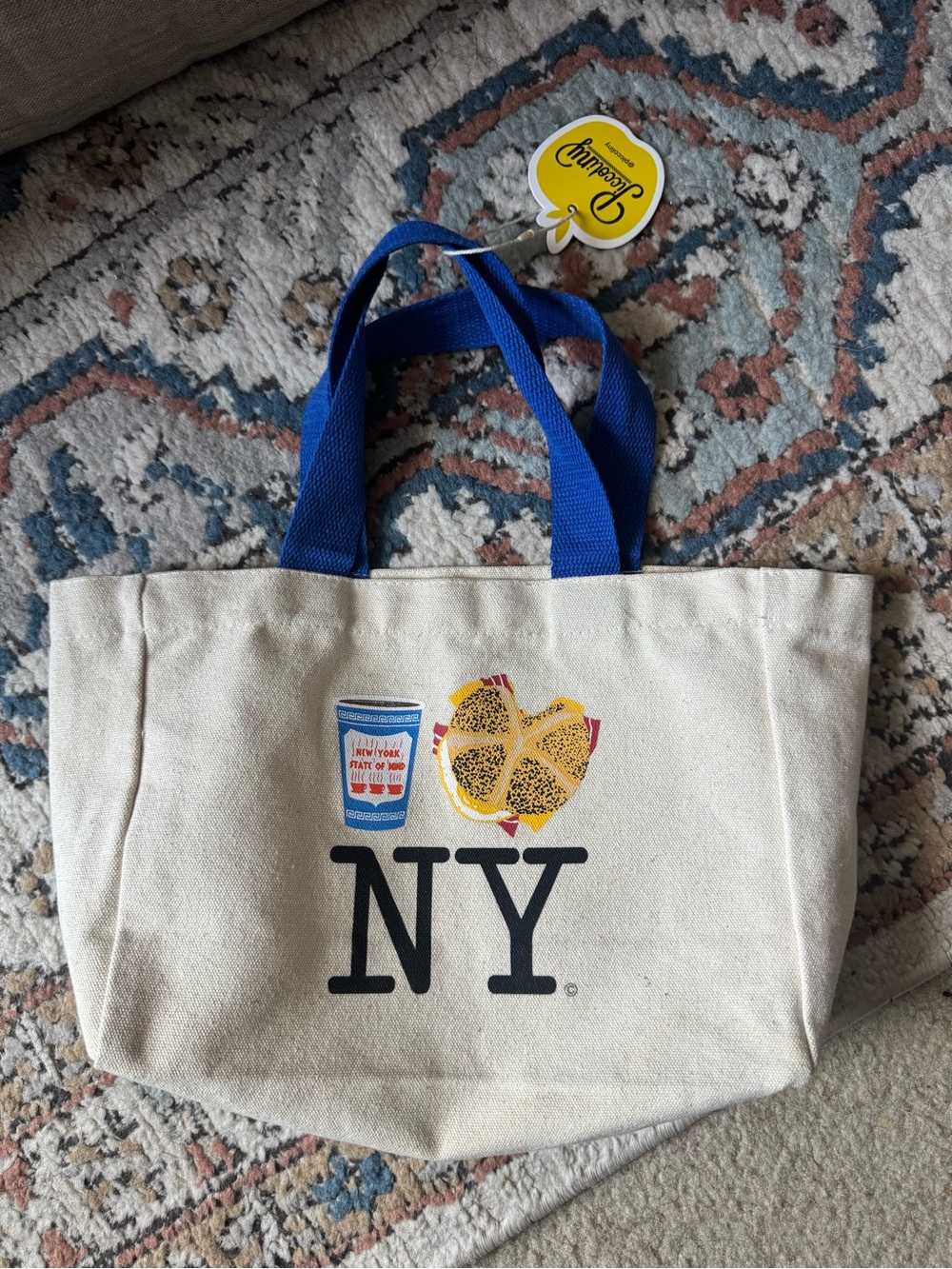 NY Canvas mini Tote Bag with Blue Handles